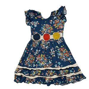 RUFFLES BY LULU & TUTU Blue Floral Rosette Dress Size 7-8 Years Short Sleeve